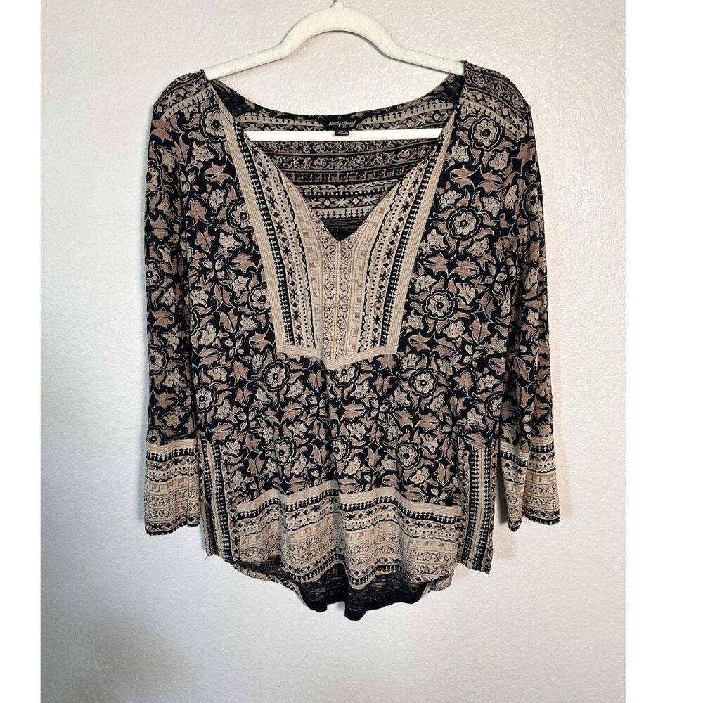 Lucky Brand Boho Paisley Floral Border Print Split V-Neck Blouse Top M Indie